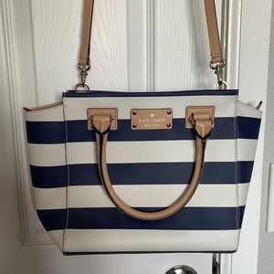 Kate spade blue and white cross body with tan straps
